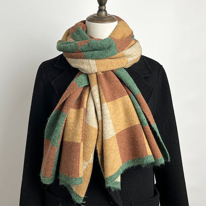 Brown,Khaki And Green Unisex Retro Checkered Knit Scarf - Soft Thick Winter Shawl Wrap - Image 8