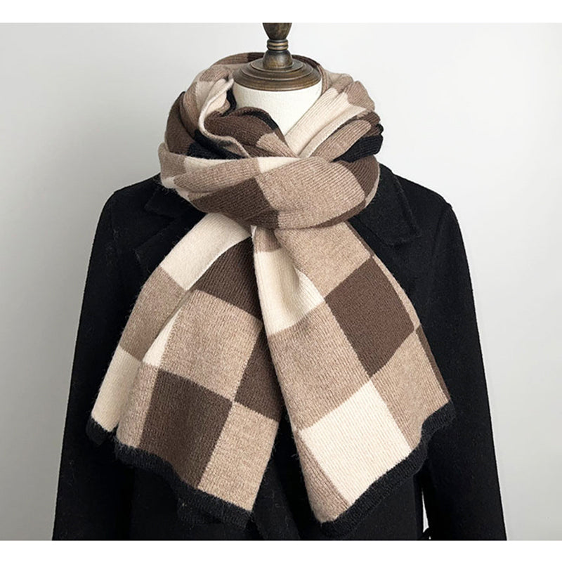 Black,Grey And Beige Unisex Retro Checkered Knit Scarf - Soft Thick Winter Shawl Wrap - Image 6
