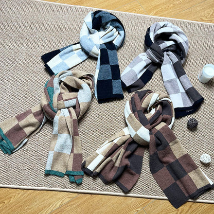 Coffee,Brown And Beige Unisex Retro Checkered Knit Scarf - Soft Thick Winter Shawl Wrap - Image 2