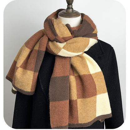 Coffee,Brown And Beige Unisex Retro Checkered Knit Scarf - Soft Thick Winter Shawl Wrap - Image 5
