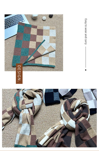 Coffee,Brown And Beige Unisex Retro Checkered Knit Scarf - Soft Thick Winter Shawl Wrap - Image 7