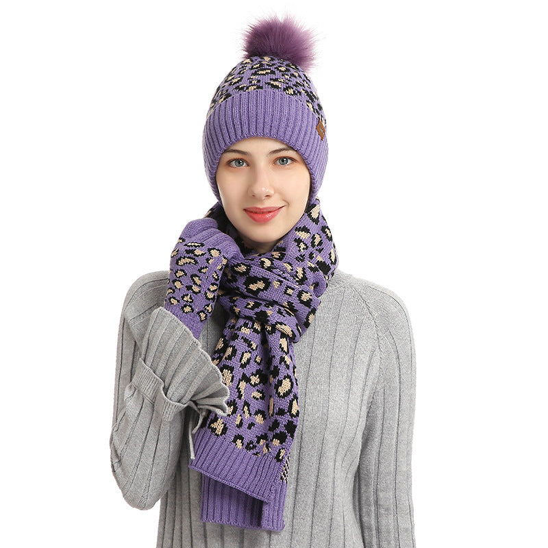 Purple Women's 3-Piece Winter Knit Set - Leopard Print Plush Lined Beanie Hat, Scarf & Touchscreen Gloves - Image 2