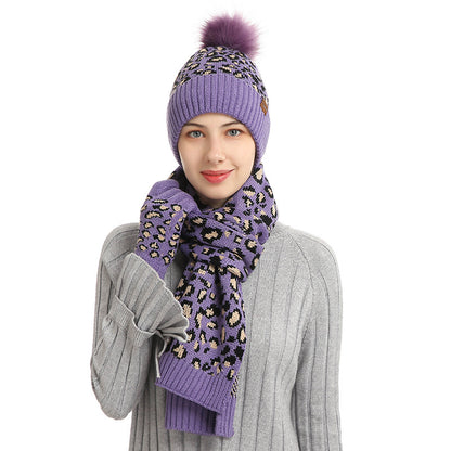 Purple Women's 3-Piece Winter Knit Set - Leopard Print Plush Lined Beanie Hat, Scarf & Touchscreen Gloves - Image 2
