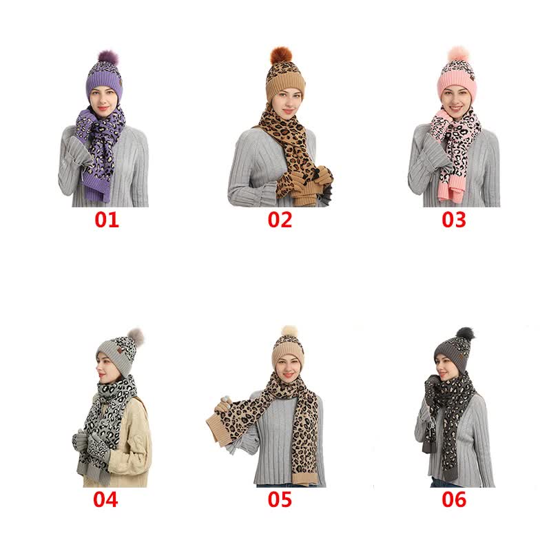 Purple Women's 3-Piece Winter Knit Set - Leopard Print Plush Lined Beanie Hat, Scarf & Touchscreen Gloves - Image 3