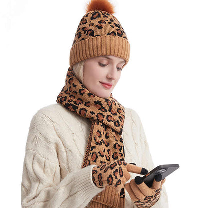 Pink Women's 3-Piece Winter Knit Set - Leopard Print Plush Lined Beanie Hat, Scarf & Touchscreen Gloves - Image 4