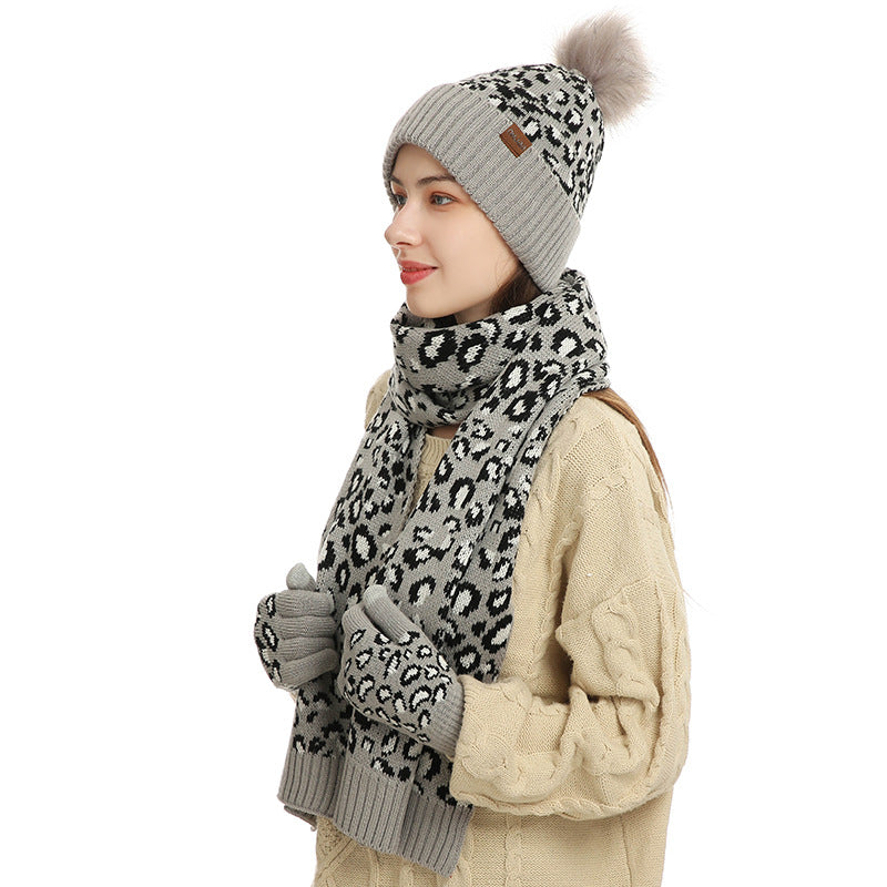 Light Grey Women's 3-Piece Winter Knit Set - Leopard Print Plush Lined Beanie Hat, Scarf & Touchscreen Gloves - Image 2