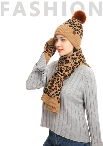 Light Grey Women's 3-Piece Winter Knit Set - Leopard Print Plush Lined Beanie Hat, Scarf & Touchscreen Gloves - Image 4