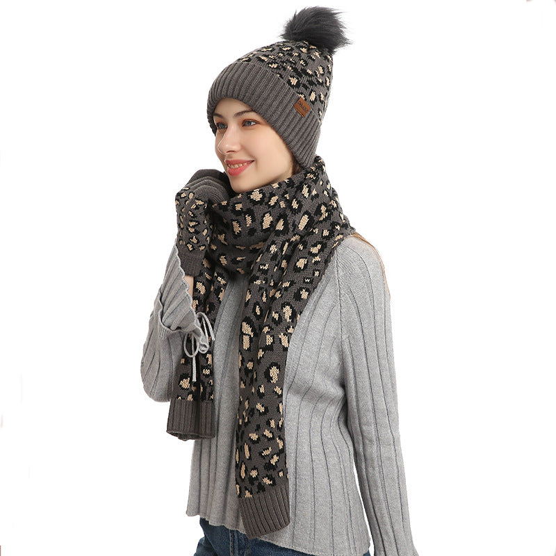Dark Grey Women's 3-Piece Winter Knit Set - Leopard Print Plush Lined Beanie Hat, Scarf & Touchscreen Gloves - Image 2