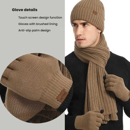 Wine Red Men's 3-Piece Winter Warm Ribbed Knit Beanie Hat Scarf and Gloves Set - Image 3