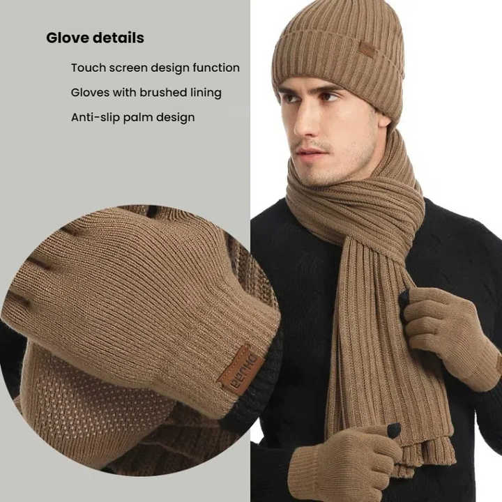 Navy Blue Men's 3-Piece Winter Warm Ribbed Knit Beanie Hat Scarf and Gloves Set - Image 3