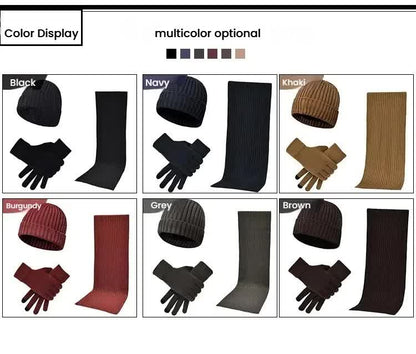 Khaki Men's 3-Piece Winter Warm Ribbed Knit Beanie Hat Scarf and Gloves Set - Image 2