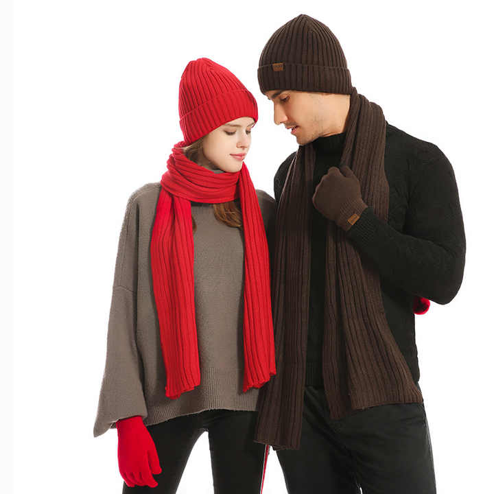 Khaki Men's 3-Piece Winter Warm Ribbed Knit Beanie Hat Scarf and Gloves Set - Image 5