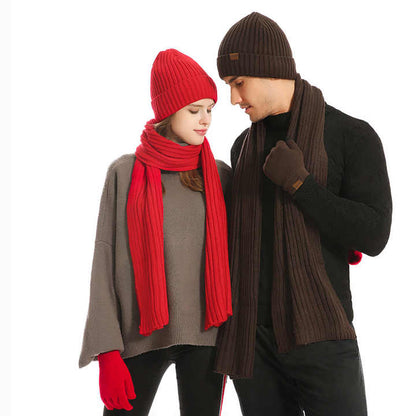 Khaki Men's 3-Piece Winter Warm Ribbed Knit Beanie Hat Scarf and Gloves Set - Image 5