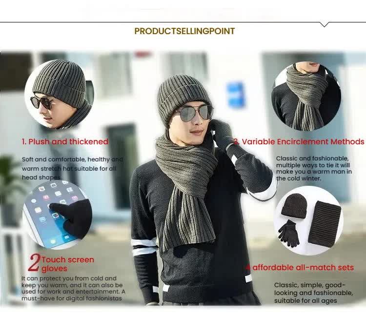 Dark Grey Men's 3-Piece Winter Warm Ribbed Knit Beanie Hat Scarf and Gloves Set - Image 4
