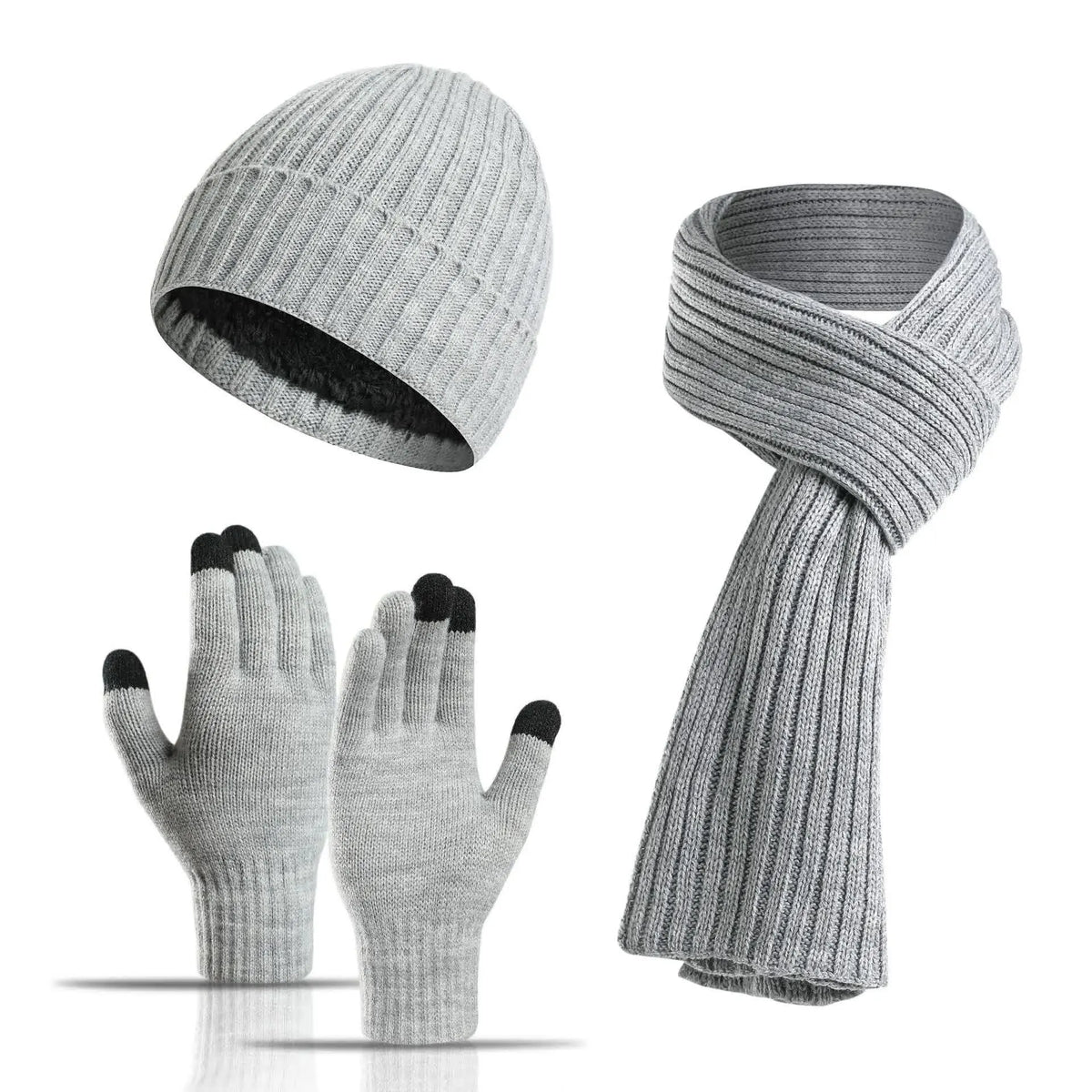 Light Grey Men's 3-Piece Winter Warm Ribbed Knit Beanie Hat Scarf and Gloves Set