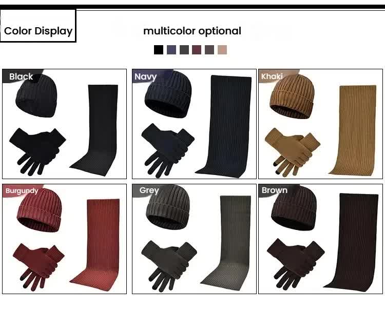 Light Grey Men's 3-Piece Winter Warm Ribbed Knit Beanie Hat Scarf and Gloves Set - Image 2