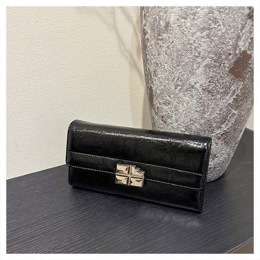 Black Elegant Women's RFID Blocking Long Wallet - PU Leather Clutch Purse with Clasp