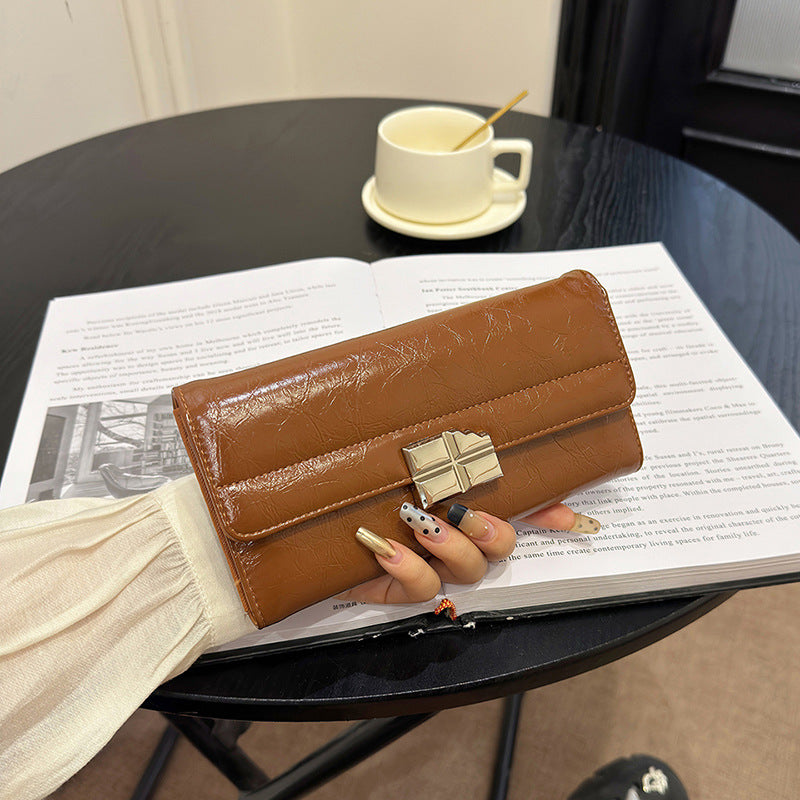 Brown Elegant Women's RFID Blocking Long Wallet - PU Leather Clutch Purse with Clasp - Image 2