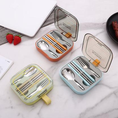 2 Sets Orange And Grey Portable Stainless Steel Cutlery Set -  Reusable Utensils (2 Fork, 2 Spoon, 2 pairs of Chopsticks) with Compact Travel Case - Image 3