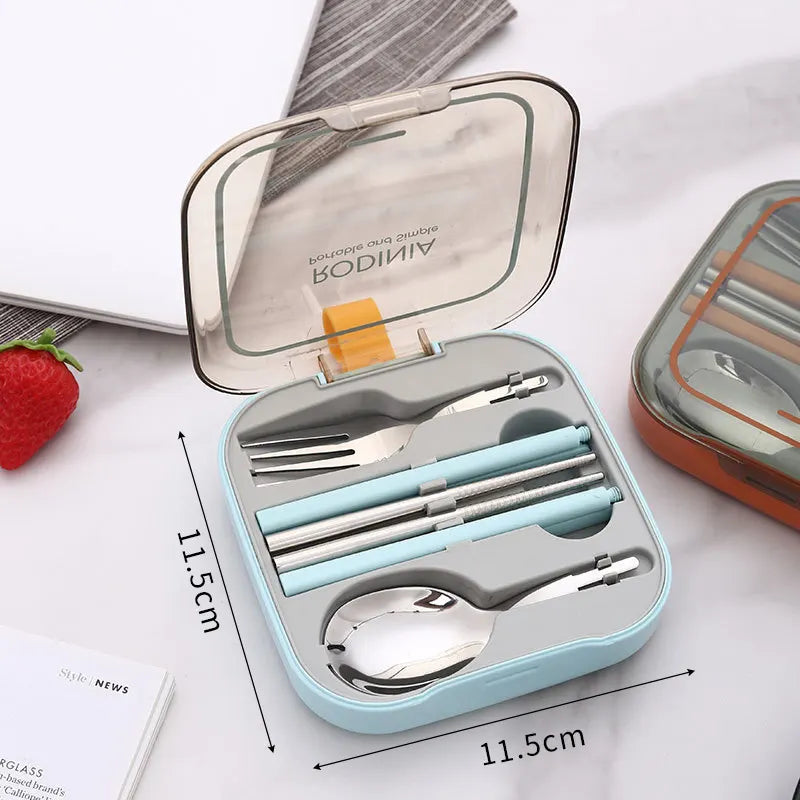 2 Sets Blue And Grey Portable Stainless Steel Cutlery Set -  Reusable Utensils (2 Fork, 2 Spoon, 2 pairs of Chopsticks) with Compact Travel Case