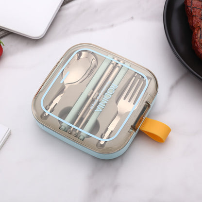 2 Sets Blue And Grey Portable Stainless Steel Cutlery Set -  Reusable Utensils (2 Fork, 2 Spoon, 2 pairs of Chopsticks) with Compact Travel Case - Image 2