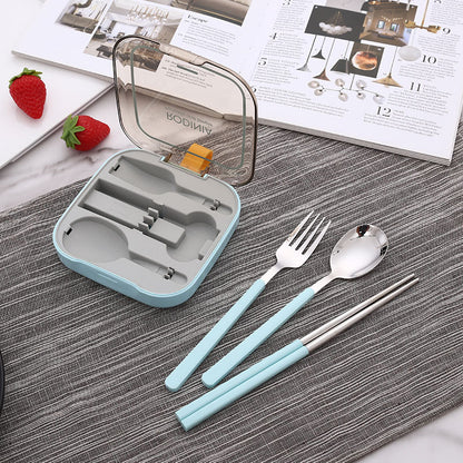 2 Sets Blue And Grey Portable Stainless Steel Cutlery Set -  Reusable Utensils (2 Fork, 2 Spoon, 2 pairs of Chopsticks) with Compact Travel Case - Image 4