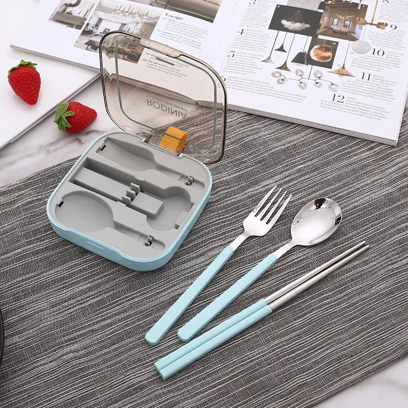 2 Sets Blue And Grey Portable Stainless Steel Cutlery Set -  Reusable Utensils (2 Fork, 2 Spoon, 2 pairs of Chopsticks) with Compact Travel Case - Image 4
