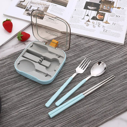 2 Sets Blue And Grey Portable Stainless Steel Cutlery Set -  Reusable Utensils (2 Fork, 2 Spoon, 2 pairs of Chopsticks) with Compact Travel Case - Image 4