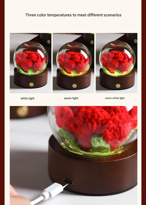 White Rose Handcrafted Crochet Flower LED Night Light - USB Rechargeable Glass Dome Lamp with Wood Base, 3 Color Modes - Image 5