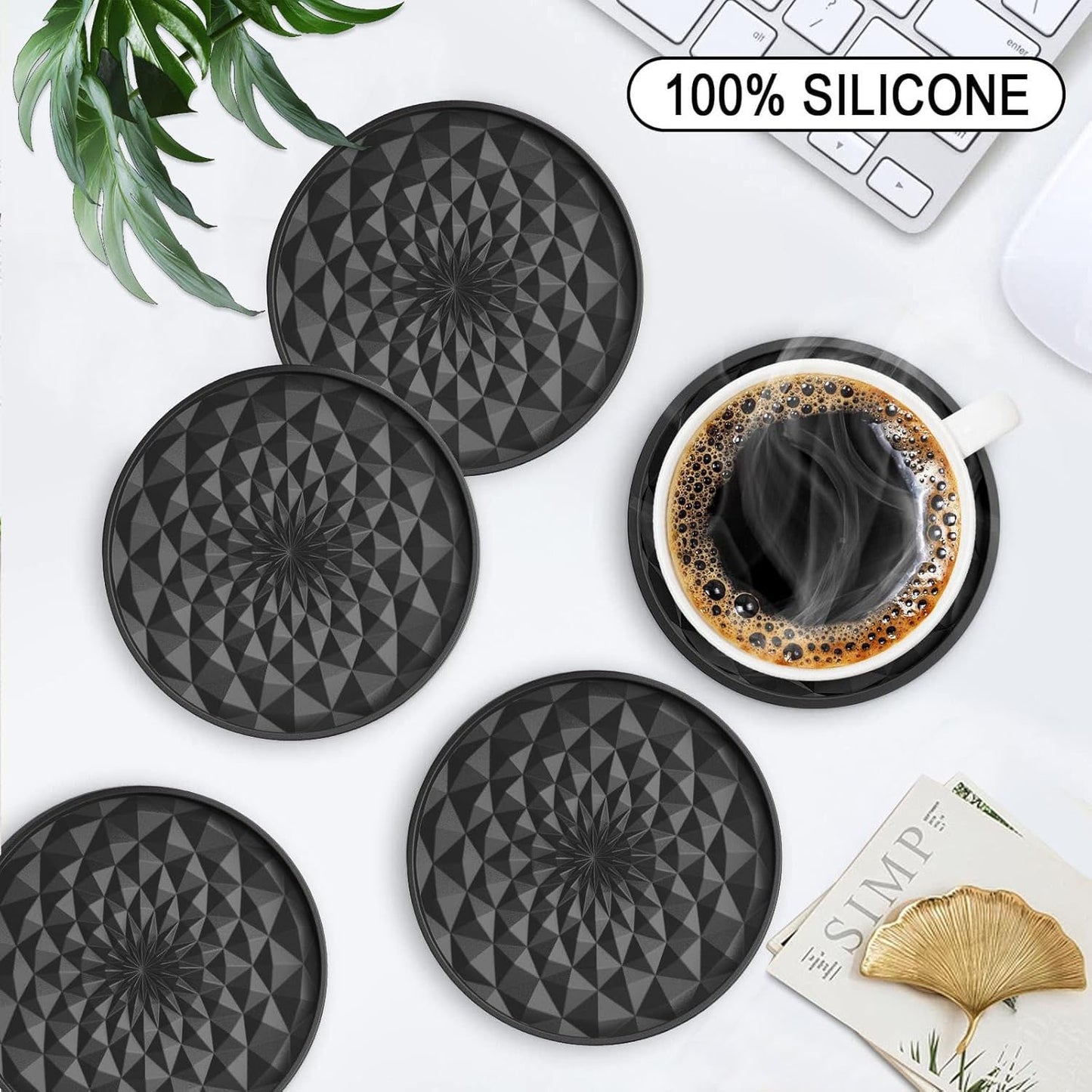 Green and Black Geometric Silicone Drink Coasters Set (6 Pack) with Holder - Non-Slip Table Protectors - Image 6