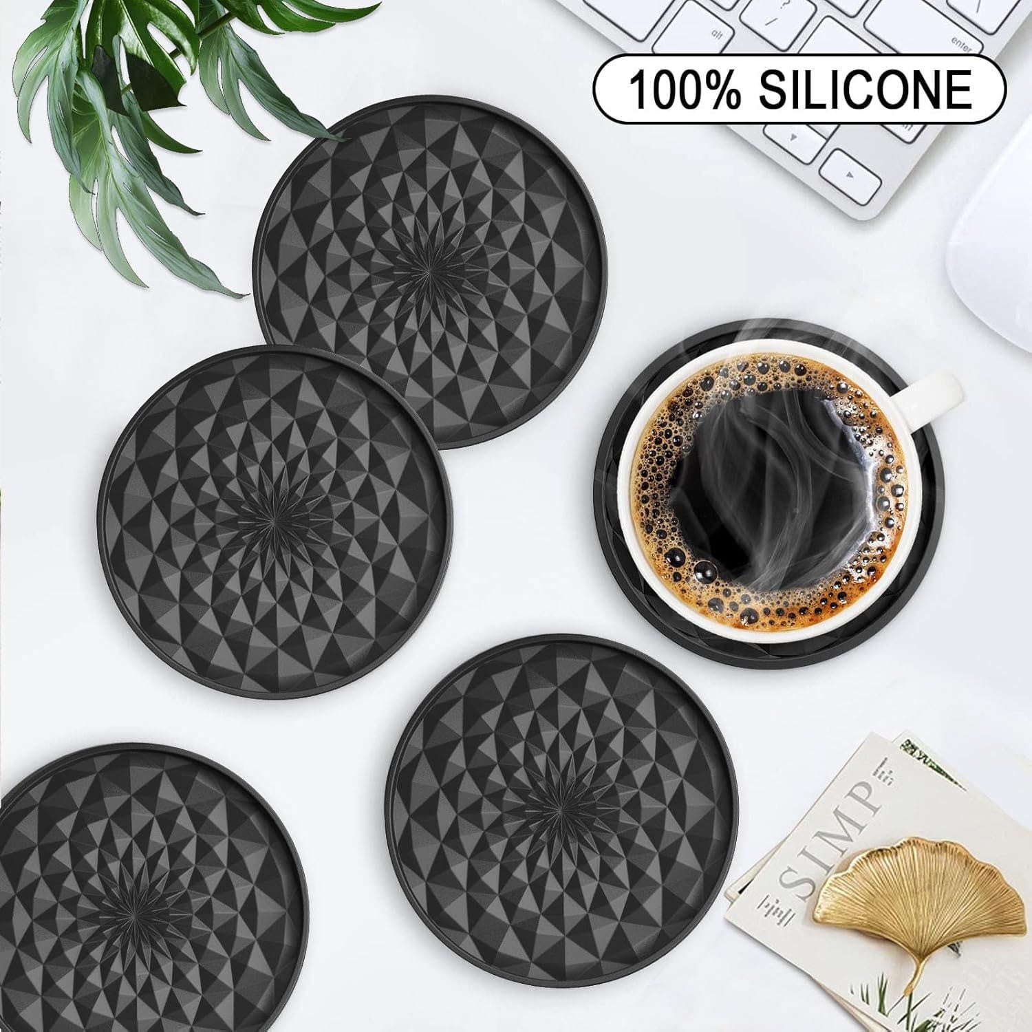 Green and Black Geometric Silicone Drink Coasters Set (6 Pack) with Holder - Non-Slip Table Protectors - Image 6