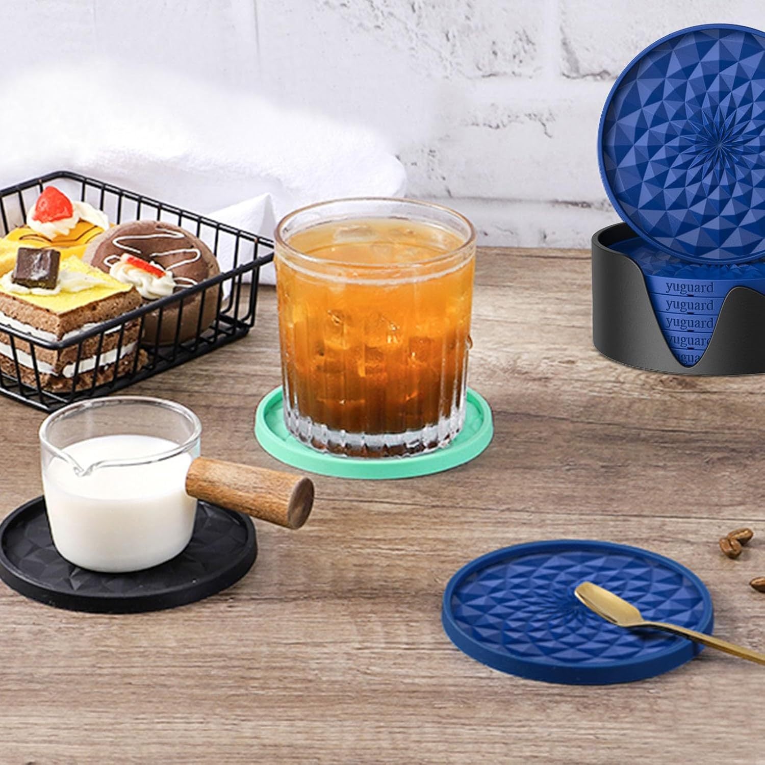 Red and Black Geometric Silicone Drink Coasters Set (6 Pack) with Holder - Non-Slip Table Protectors - Image 3