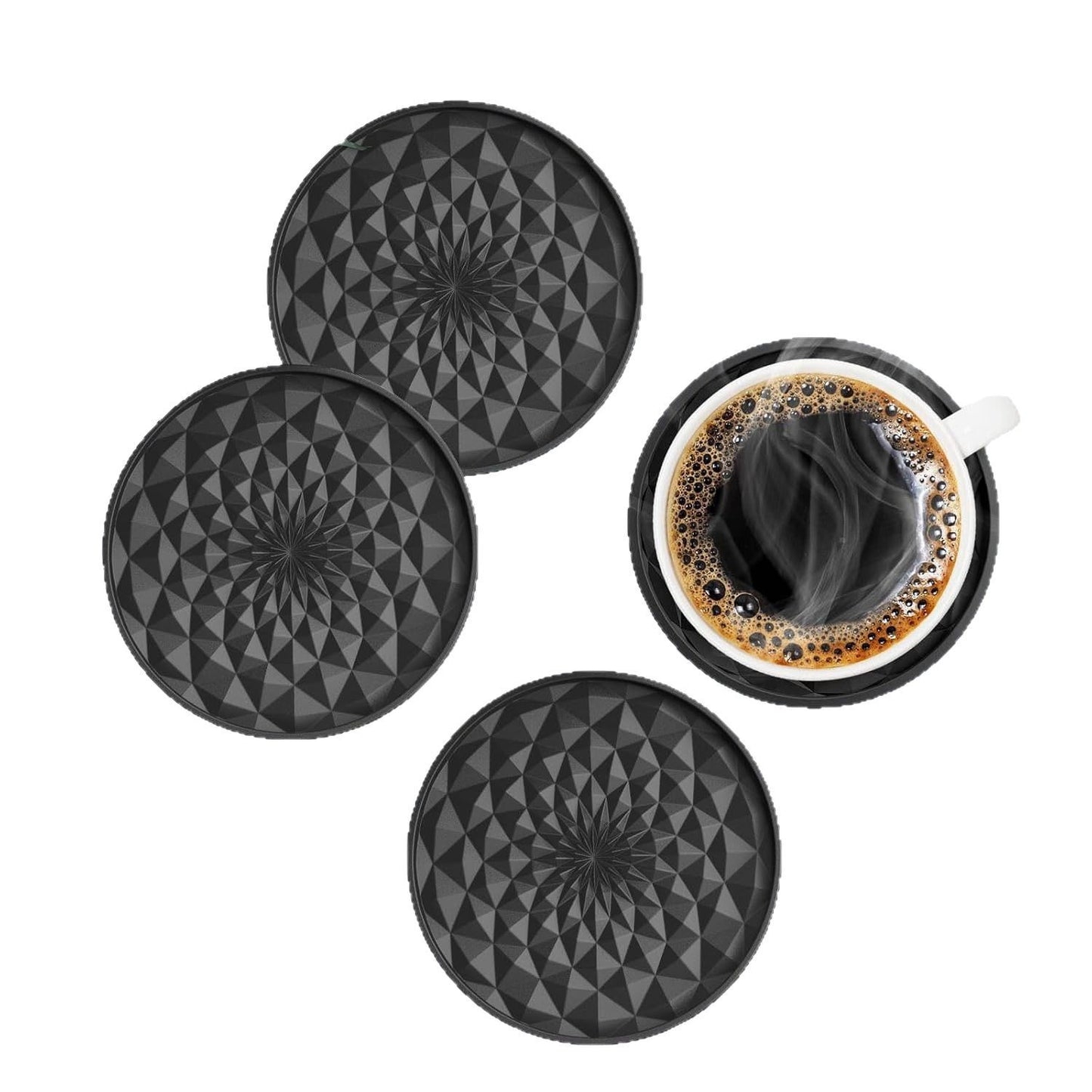 Dark Blue and Black Geometric Silicone Drink Coasters Set (6 Pack) with Holder - Non-Slip Table Protectors - Image 2