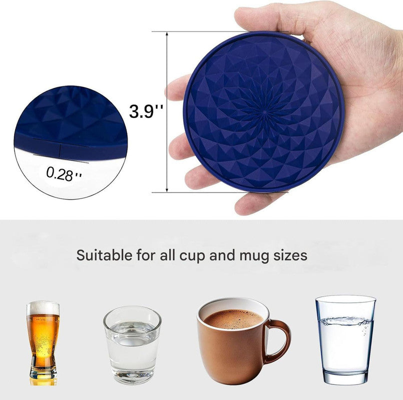 Dark Blue and Black Geometric Silicone Drink Coasters Set (6 Pack) with Holder - Non-Slip Table Protectors - Image 4