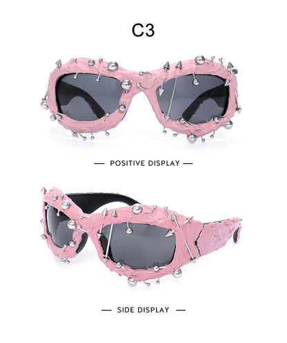 Pink Edgy Punk Rock Spiked Sunglasses - Statement Goth Studded Eyewear - Image 2