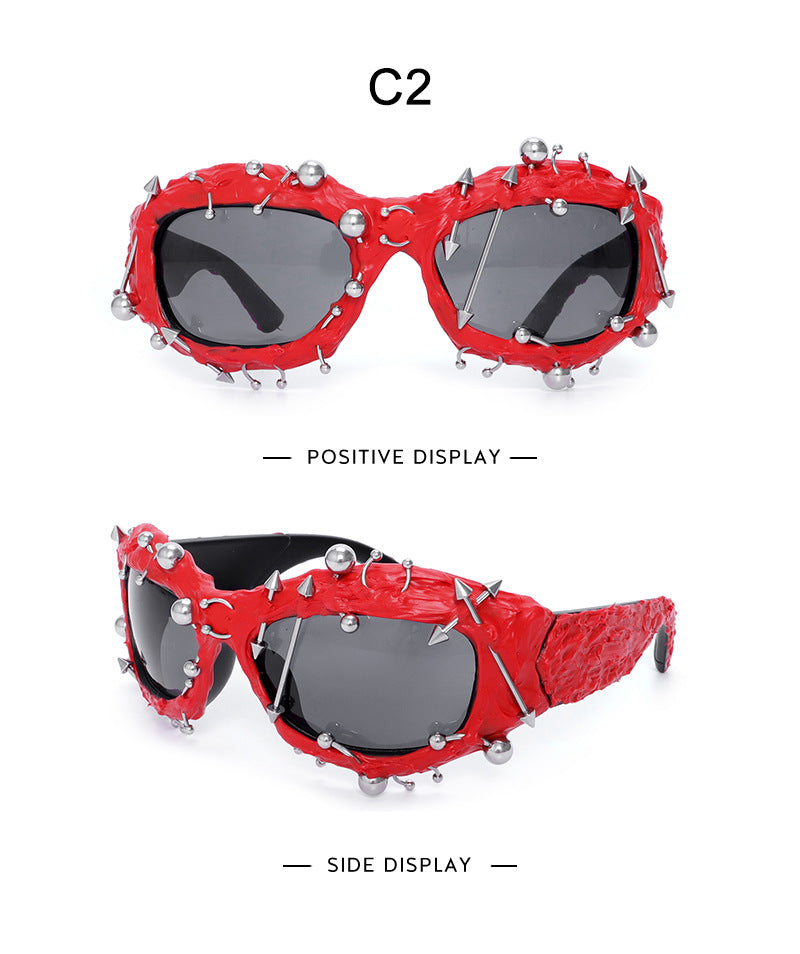 Red Edgy Punk Rock Spiked Sunglasses - Statement Goth Studded Eyewear - Image 2