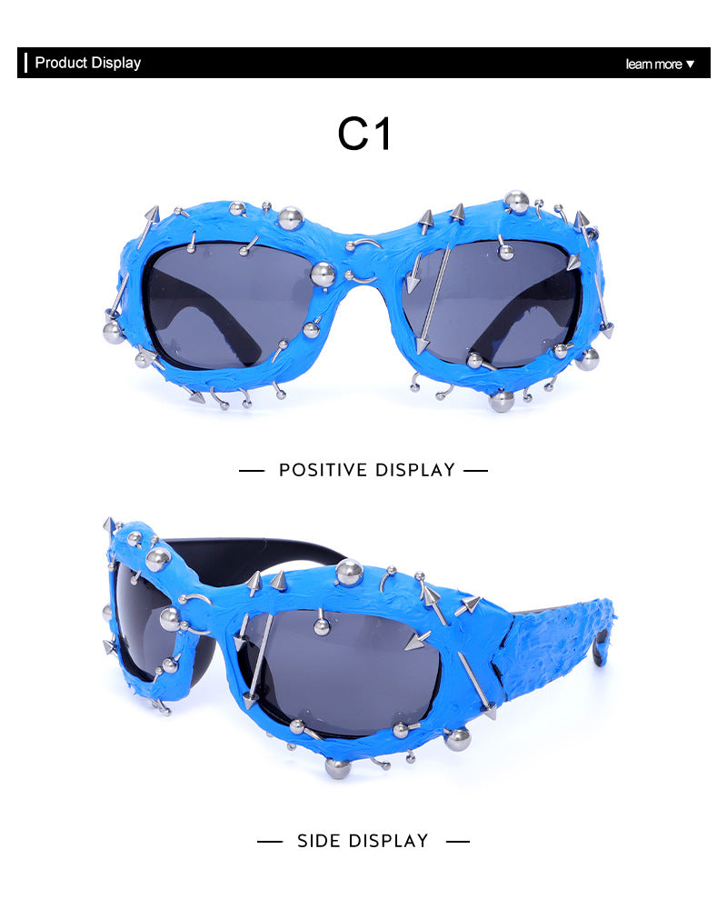 Blue Edgy Punk Rock Spiked Sunglasses - Statement Goth Studded Eyewear - Image 2