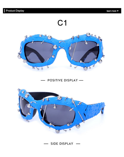 Blue Edgy Punk Rock Spiked Sunglasses - Statement Goth Studded Eyewear - Image 2
