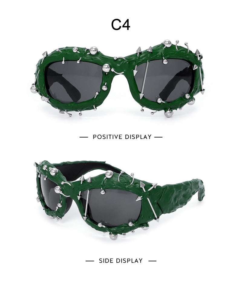Green Edgy Punk Rock Spiked Sunglasses - Statement Goth Studded Eyewear - Image 2