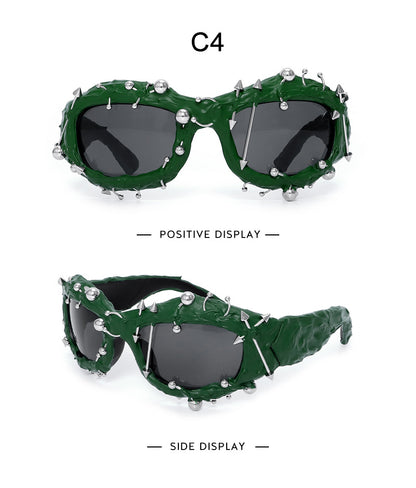 Green Edgy Punk Rock Spiked Sunglasses - Statement Goth Studded Eyewear - Image 2