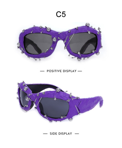 Purple Edgy Punk Rock Spiked Sunglasses - Statement Goth Studded Eyewear - Image 2