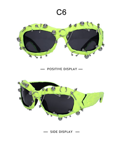 Bright Green Edgy Punk Rock Spiked Sunglasses - Statement Goth Studded Eyewear - Image 2