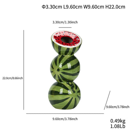 Green and Red Whimsical Stacked Watermelon Ceramic Vase - Novelty Tabletop Decor