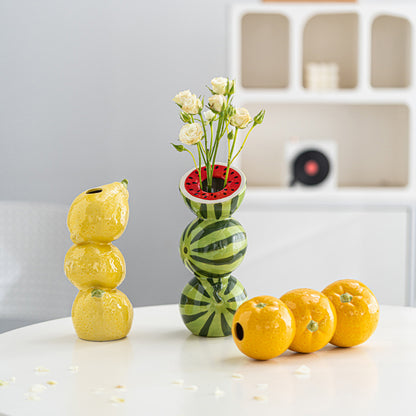 Green and Red Whimsical Stacked Watermelon Ceramic Vase - Novelty Tabletop Decor - Image 3