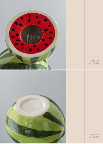 Green and Red Whimsical Stacked Watermelon Ceramic Vase - Novelty Tabletop Decor - Image 7