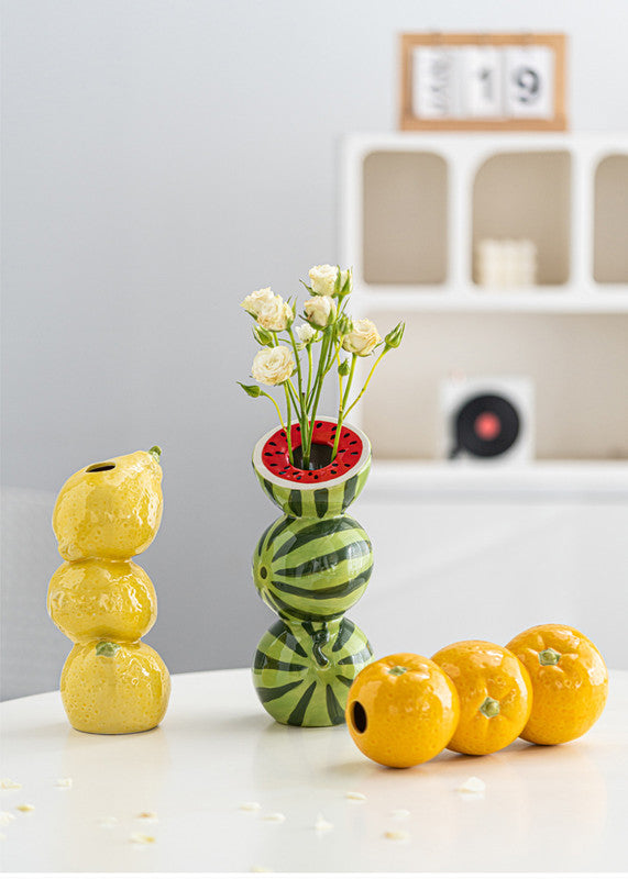Green and Red Whimsical Stacked Watermelon Ceramic Vase - Novelty Tabletop Decor - Image 8