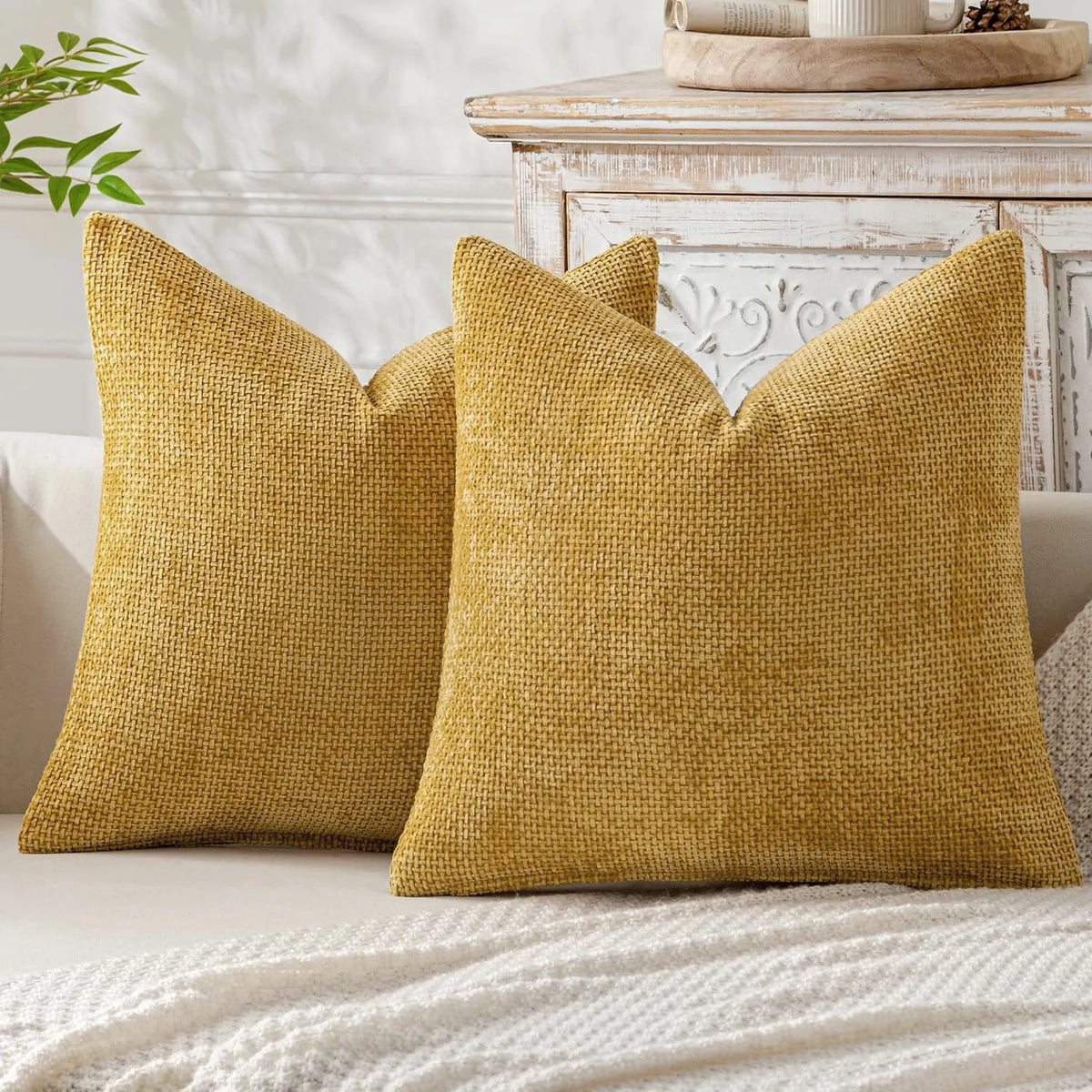 Yellow Plush Chenille Cushion Covers Set of 2 - Soft Textured Decorative Throw Pillow Cases for Sofa Couch, 45x45cm