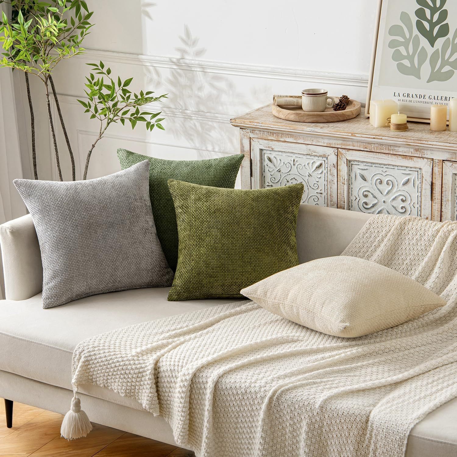 Light Green Plush Chenille Cushion Covers Set of 2 - Soft Textured Decorative Throw Pillow Cases for Sofa Couch, 45x45cm - Image 4