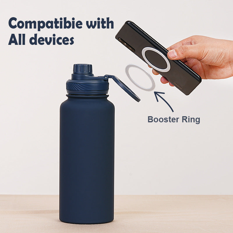 Beige 1L Stainless Steel Water Bottle with Magnetic Phone Holder Lid - Portable Hydration & Hands-Free Stand - Image 4