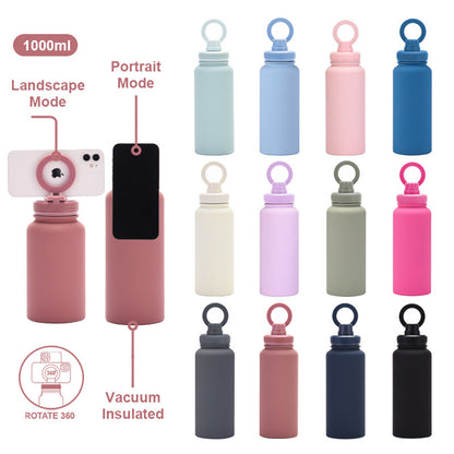 Orange 1L Stainless Steel Water Bottle with Magnetic Phone Holder Lid - Portable Hydration & Hands-Free Stand - Image 3